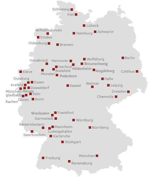 Graue Deutschlandkarte mit roten Markierungen für Mitgliederstädten